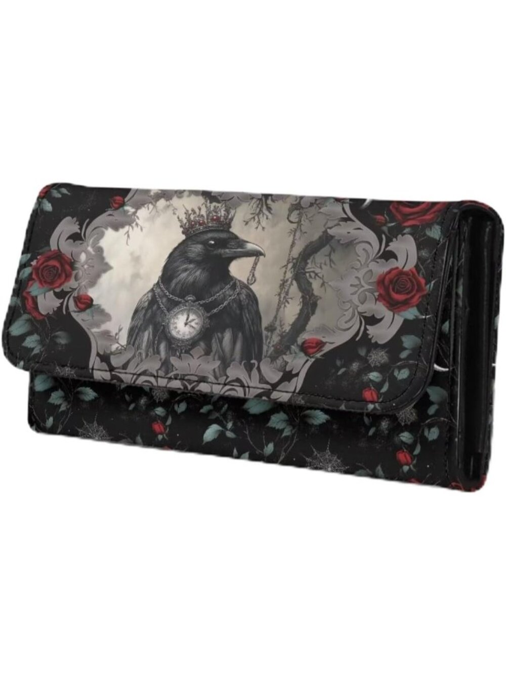 🎃Women's Goth Crow Purse Black PU Leather Slim Wallet Long Trifold Purse